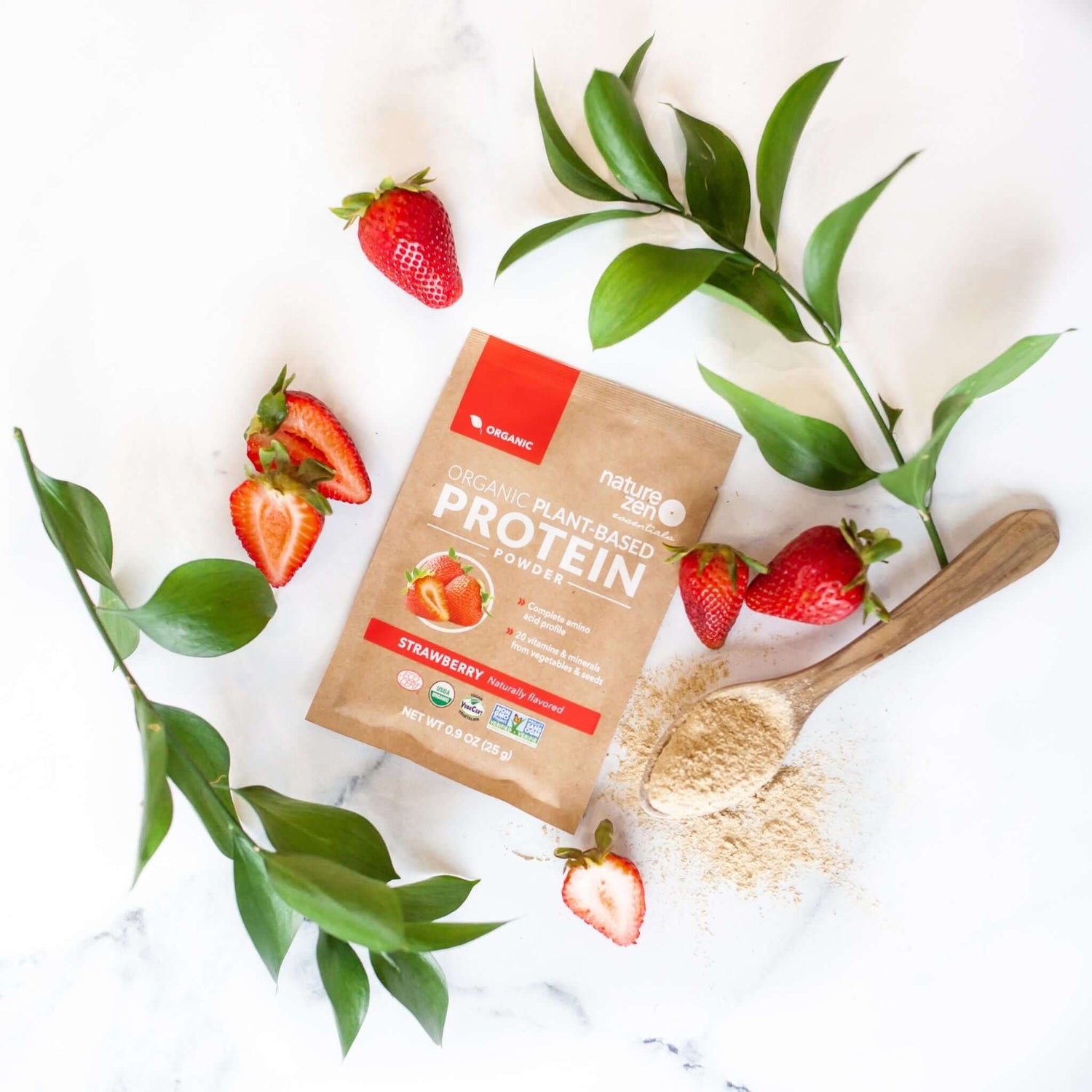 Nature Zen Essentials - Organic Plant-Based Strawberry Protein Powder (25g + strawberries)