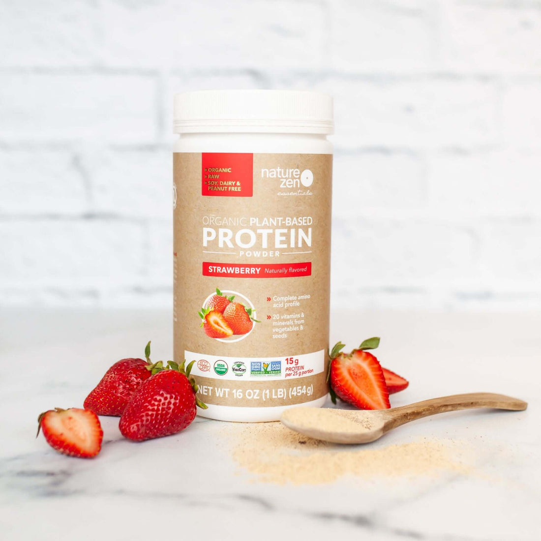 Nature Zen Essentials - Organic Plant-Based Strawberry Protein Powder (454g + strawberries)