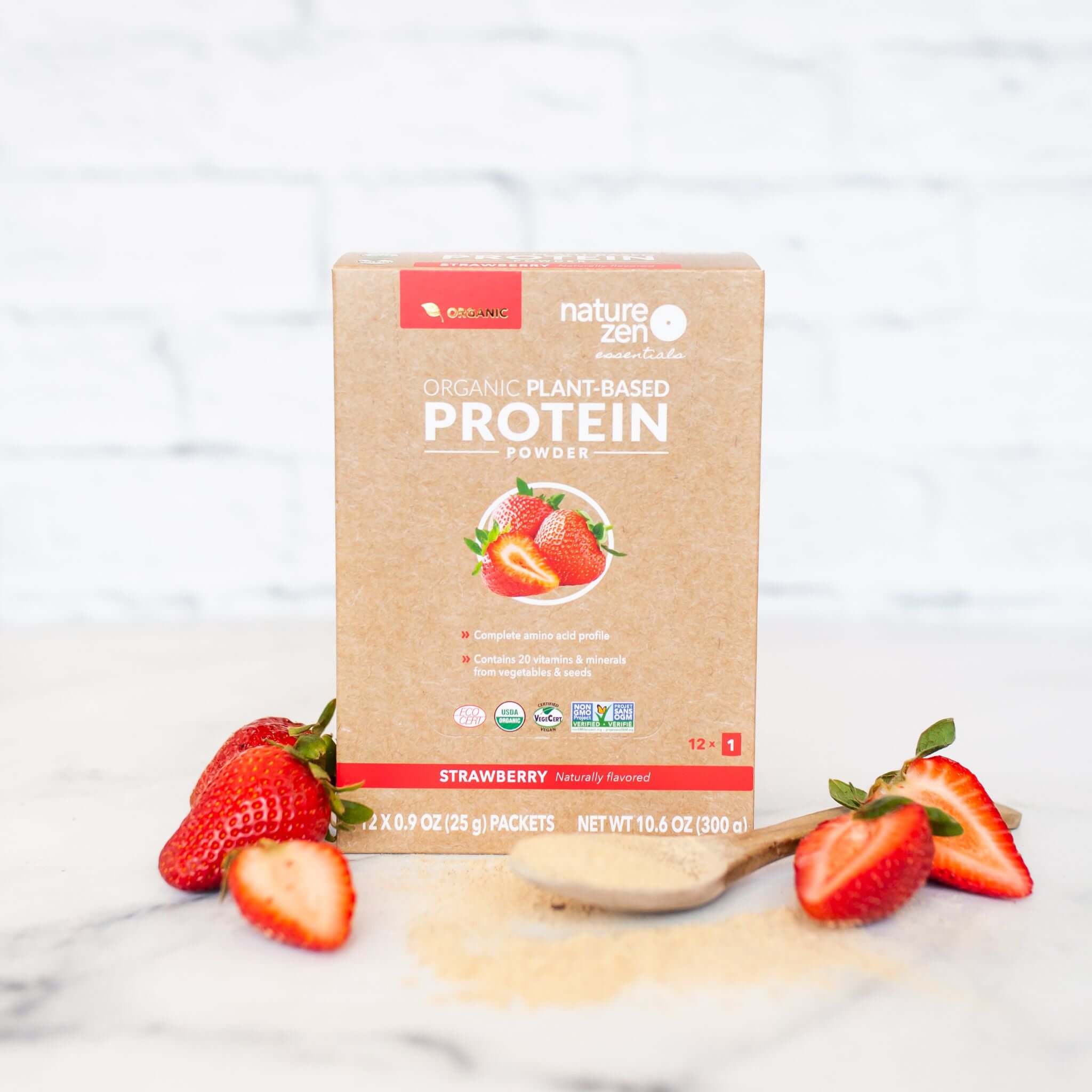 Nature Zen Essentials - Organic Plant-Based Strawberry Protein Powder (box + strawberries)