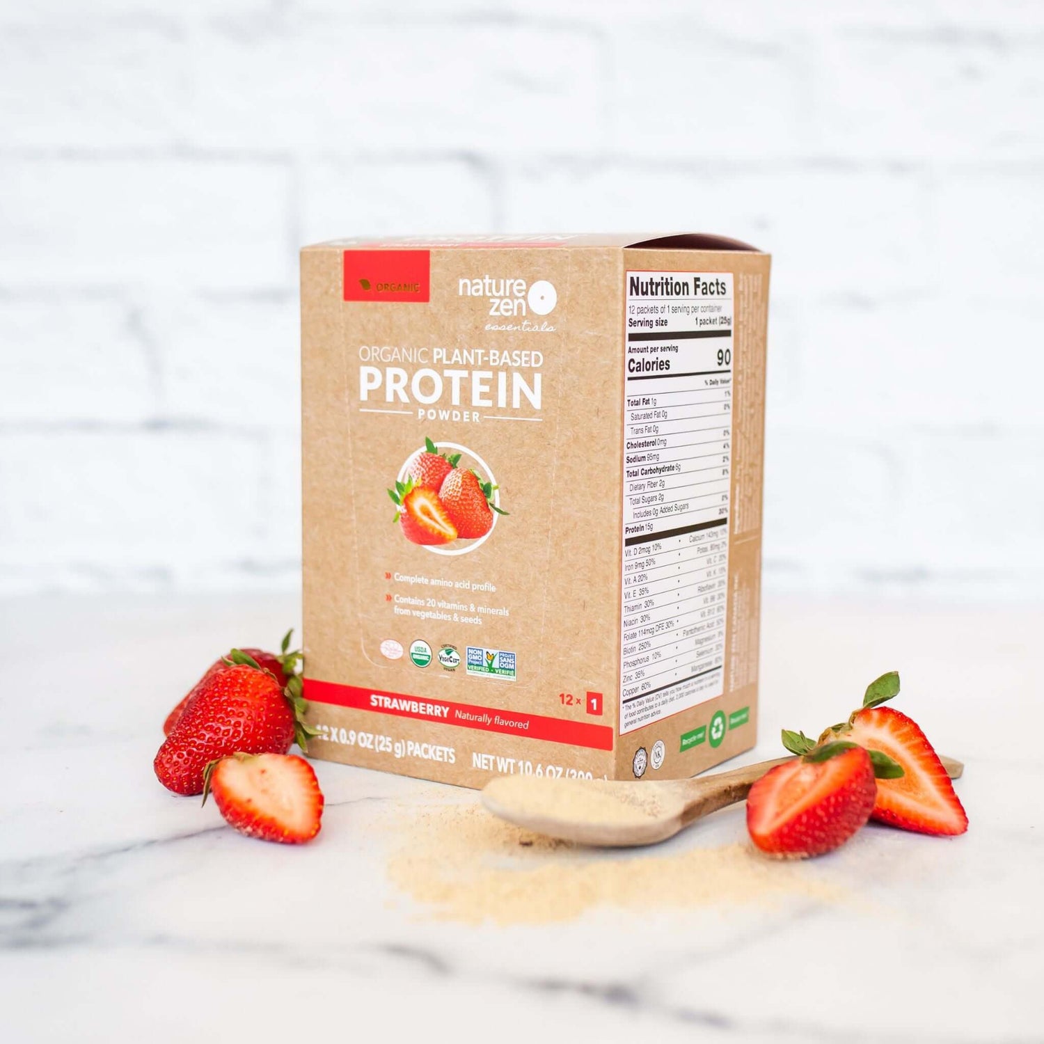 Nature Zen Essentials - Organic Plant-Based Strawberry Protein Powder (box + strawberries)